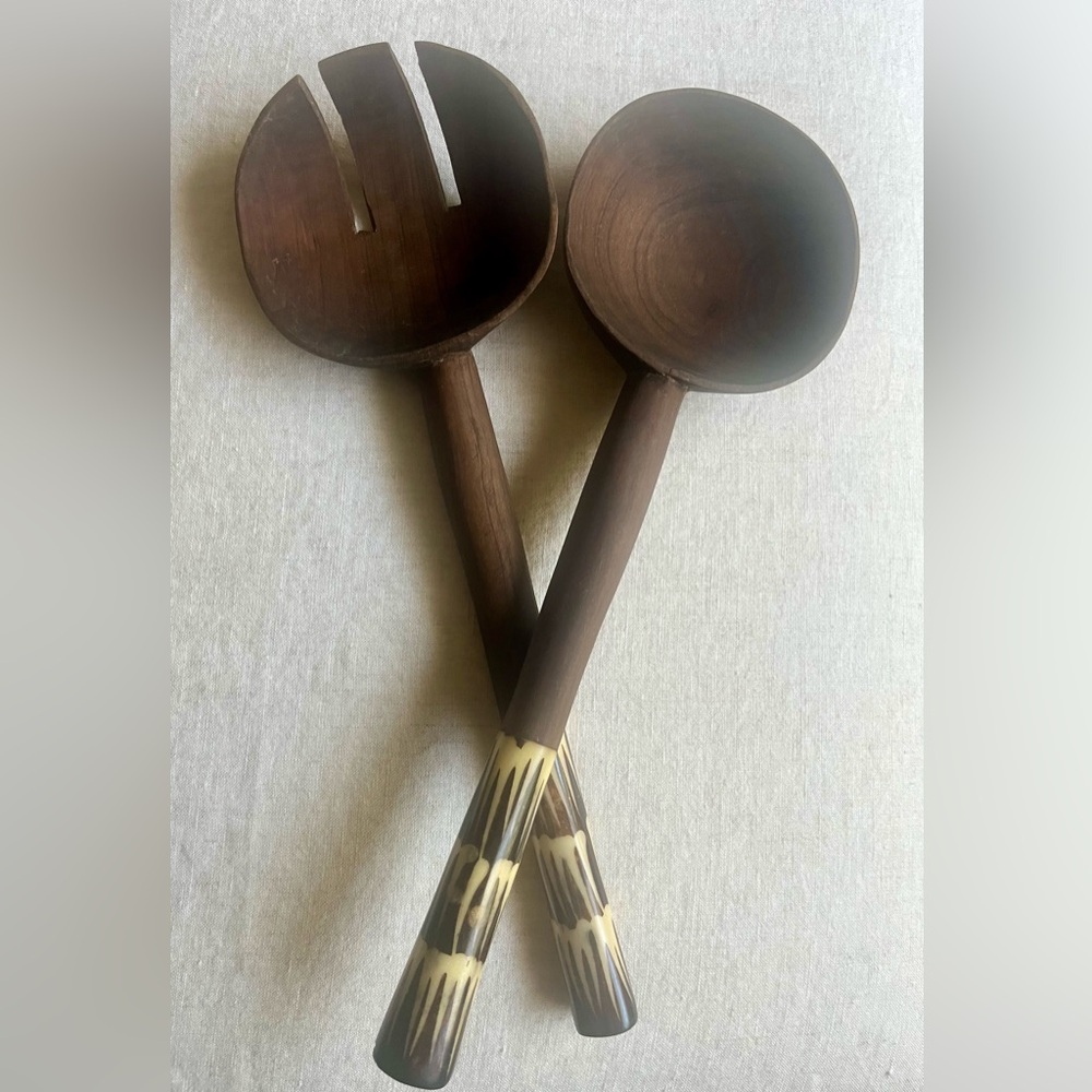 Vintage Olive Wood Salad Set Bone Handle Kenya 12”